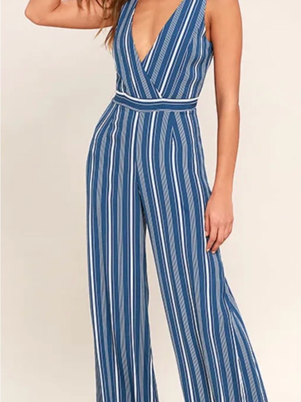 Lulus montauk yacht club blue and white striped jumpsuit